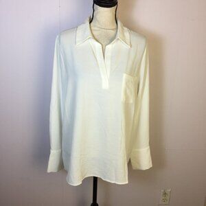 Pleione Blouse Shirt Size L Womans Ivory White Crinkle Long Sleeve V-neck Collar